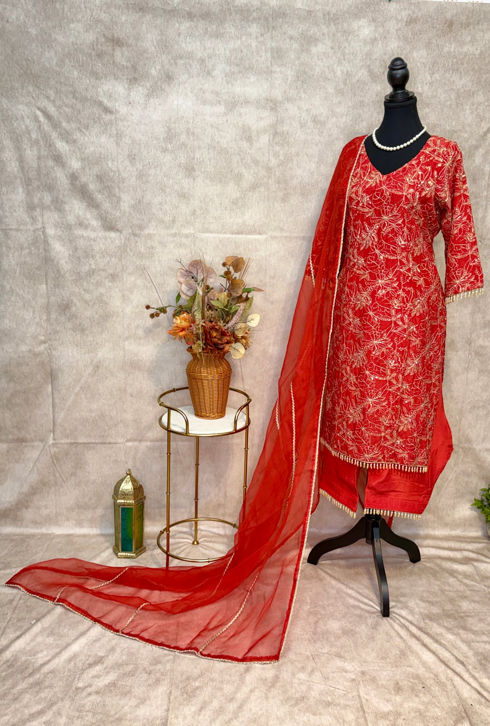 Pure Silk Boutique Suit with Handwork & Organza Dupatta
